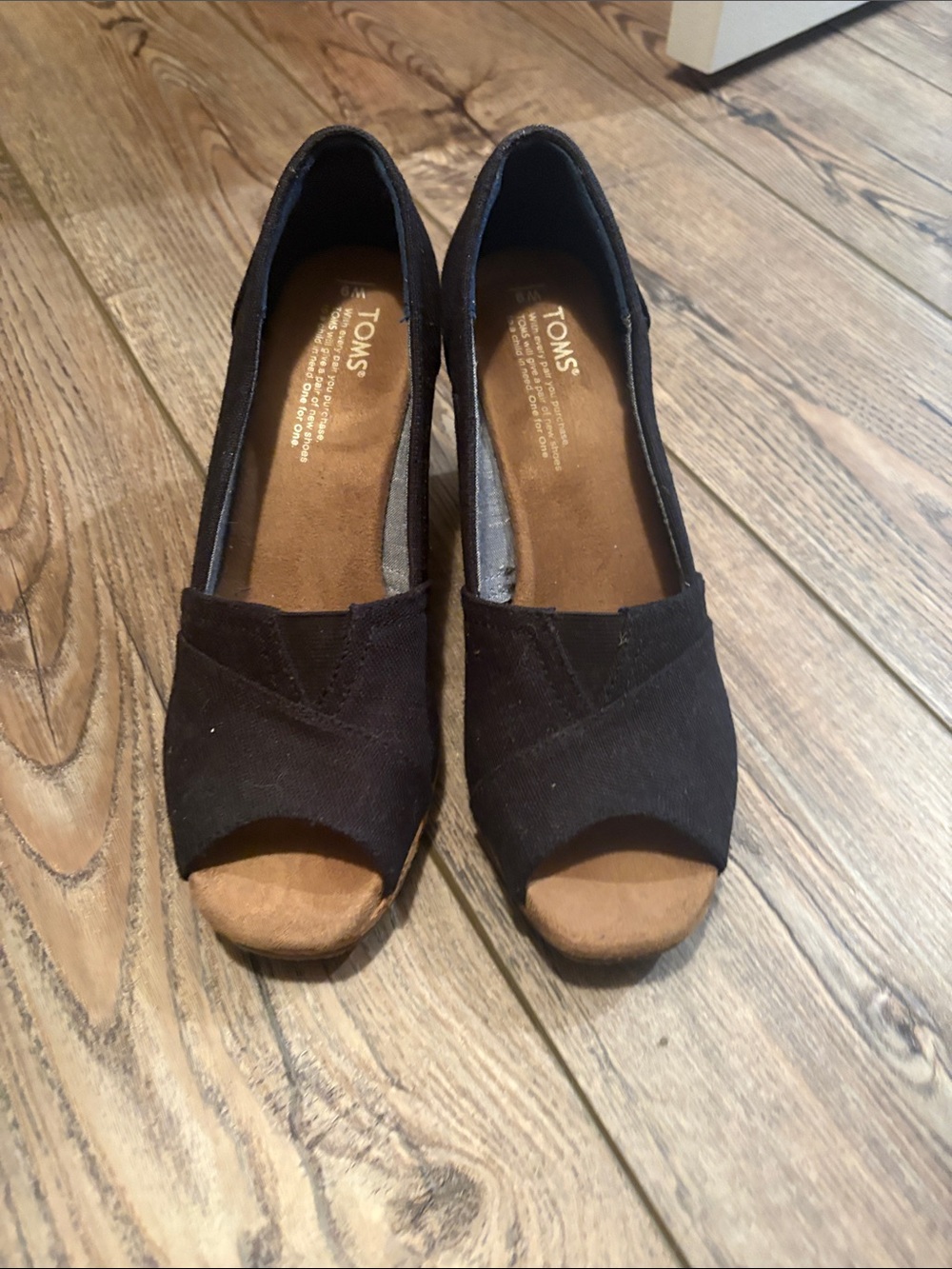 TOMS Black Canvas Peep-Toe Wedge Heels